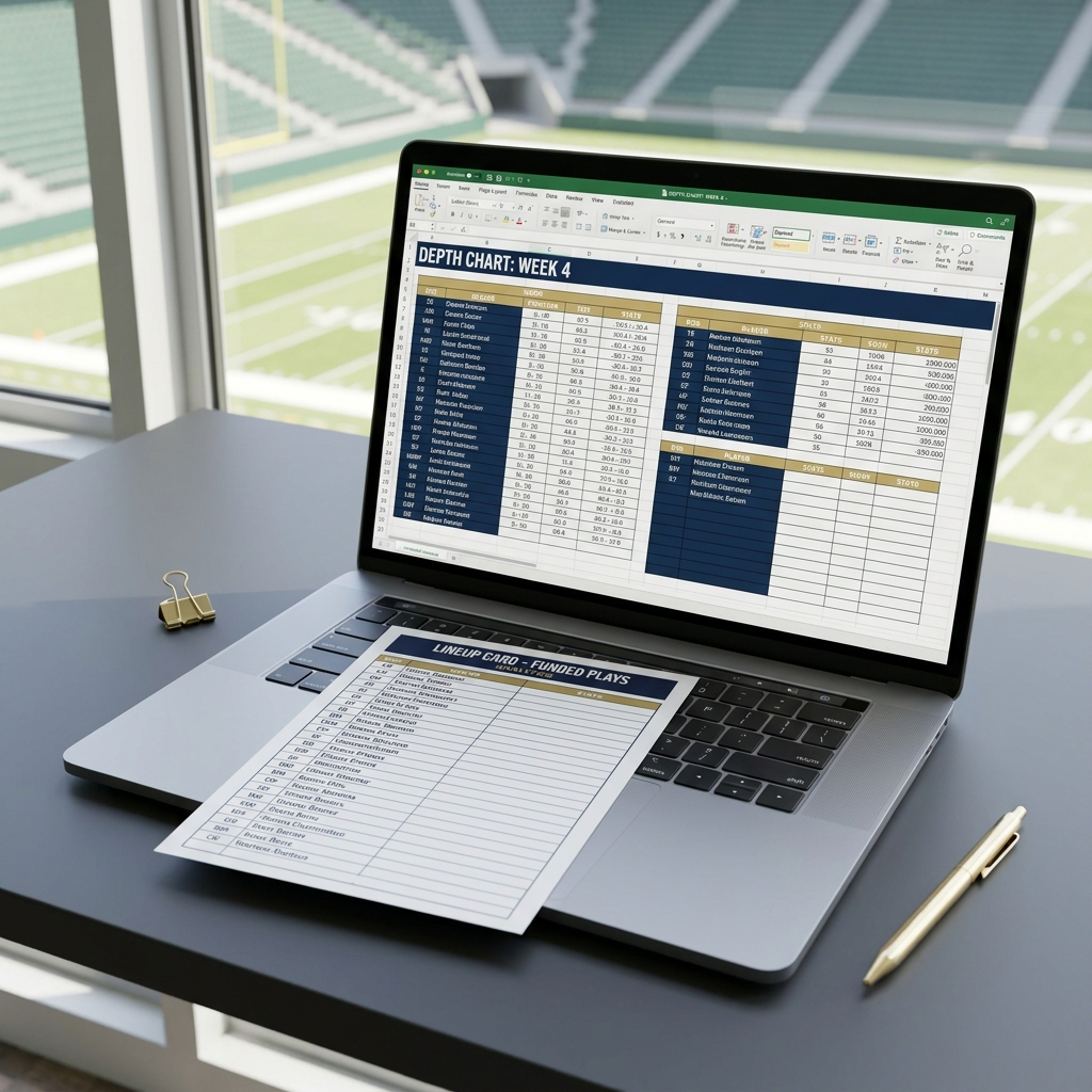 Close up laptop showing a printed lineup card and a depth chart spreadsheet with stadium softly blurred in the background mariners astros prediction