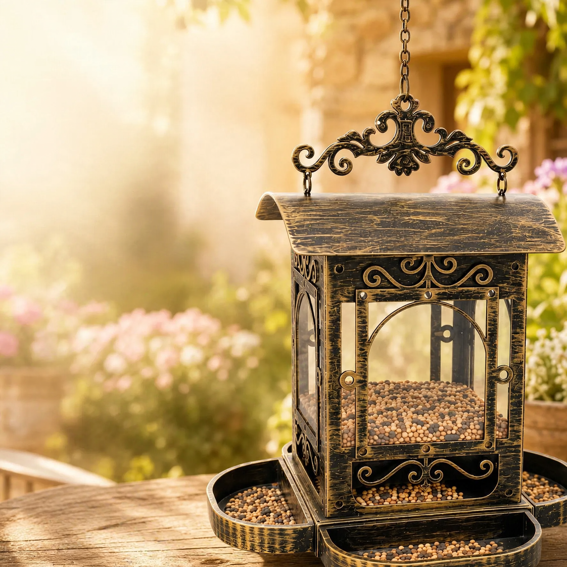 Bird feeder station in pavilion design made of iron