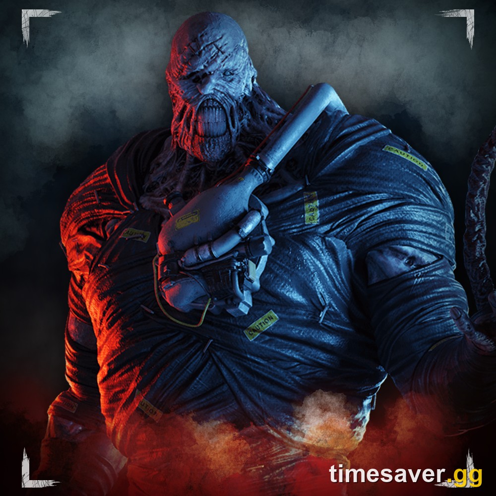 The Nemesis holding a rocket launcher in red and blue lighting on the Dead by Daylight character preview art