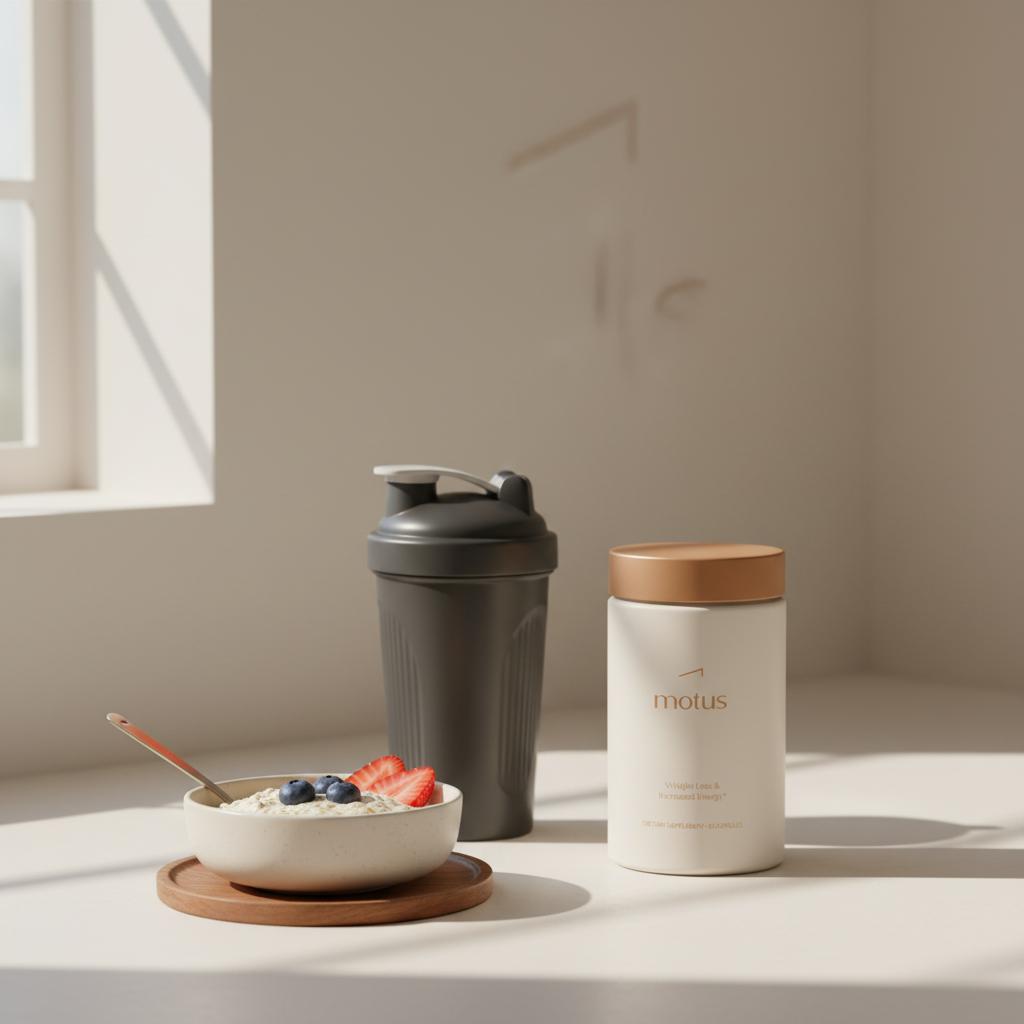 Motus supplement jar on a clean kitchen counter beside a protein shaker and bowl of oats and berries in a minimalist Tonum morning scene for whey protein without working out
