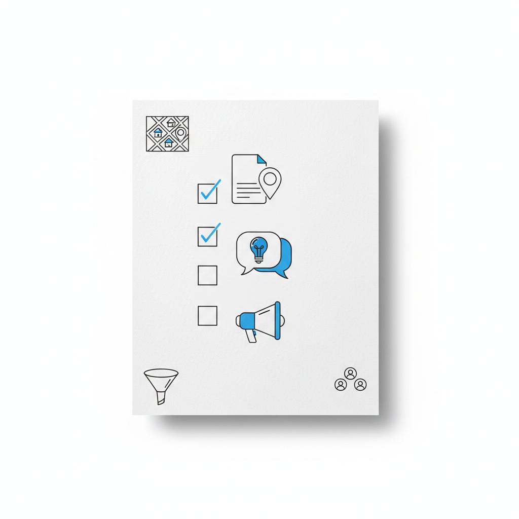Minimal vector flat-lay checklist on white textured paper showing icon-only steps for how realtors advertise on Nextdoor: claim page (pin+page), post tip (speech+lightbulb), run ad (megaphone).