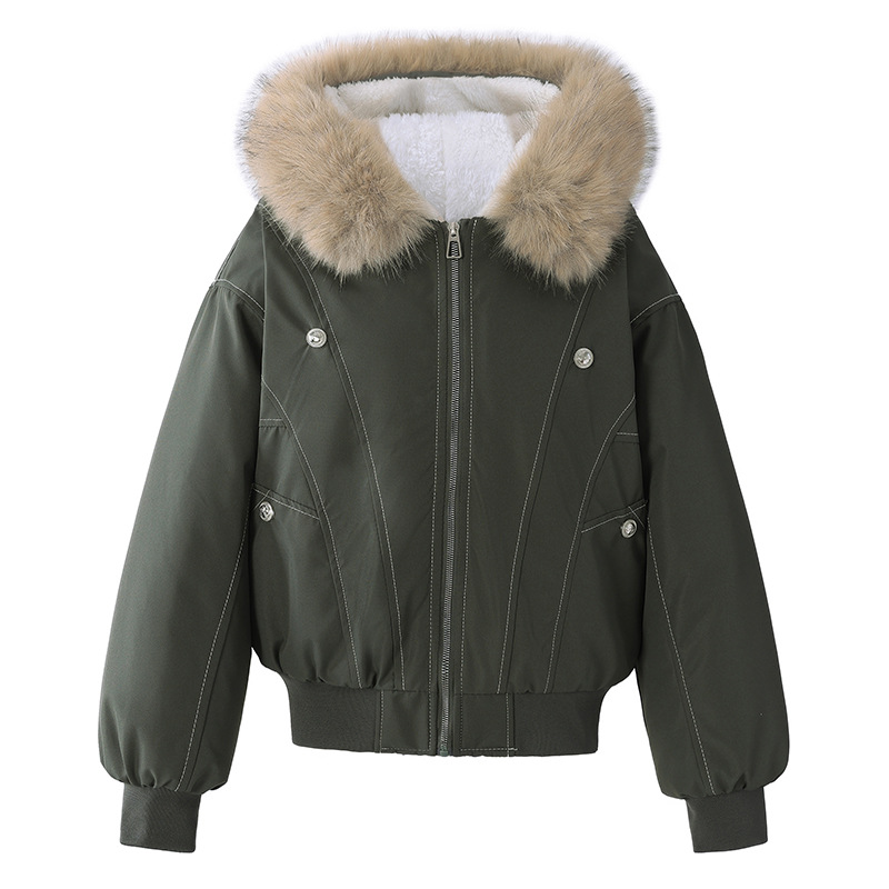 Short women's winter jacket in American style with faux fur