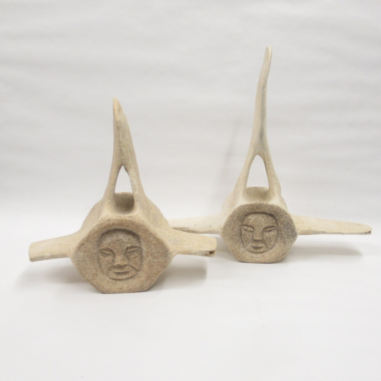 James 'CROW' Colbourne Carved Whale Bone Sculpture Pair