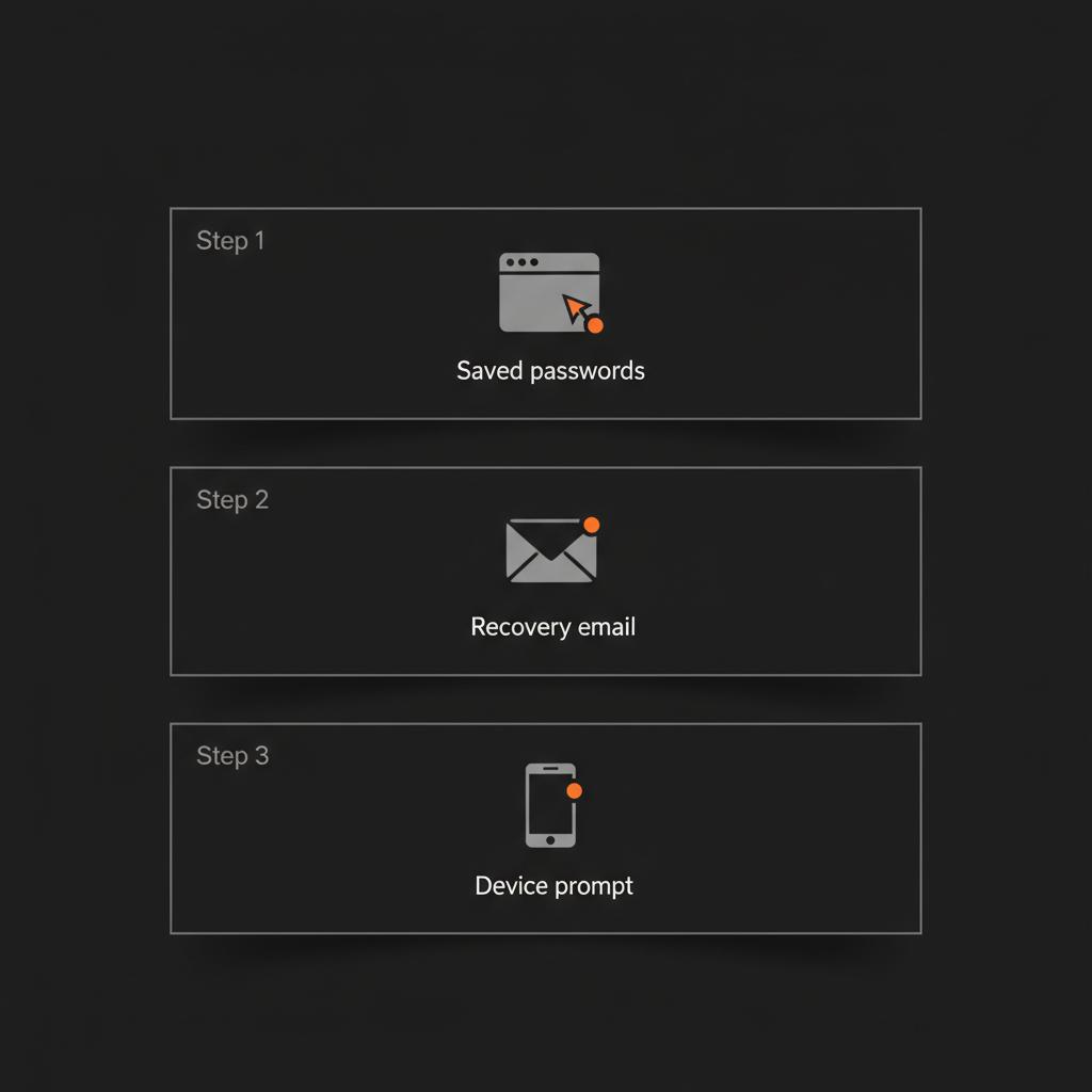 Minimal full-frame infographic showing three steps to how to see my Gmail password: check saved passwords (browser icon), use recovery email (envelope icon), device prompt (phone icon).