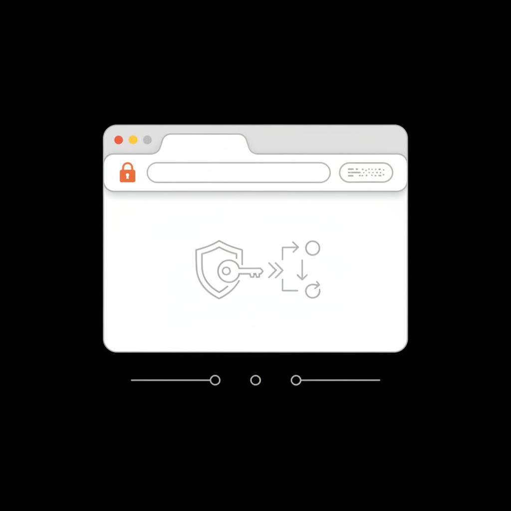 Minimal vector illustration of a browser window with a padlock icon, SMS code bubble, and step indicators on a black background — Google account recovery