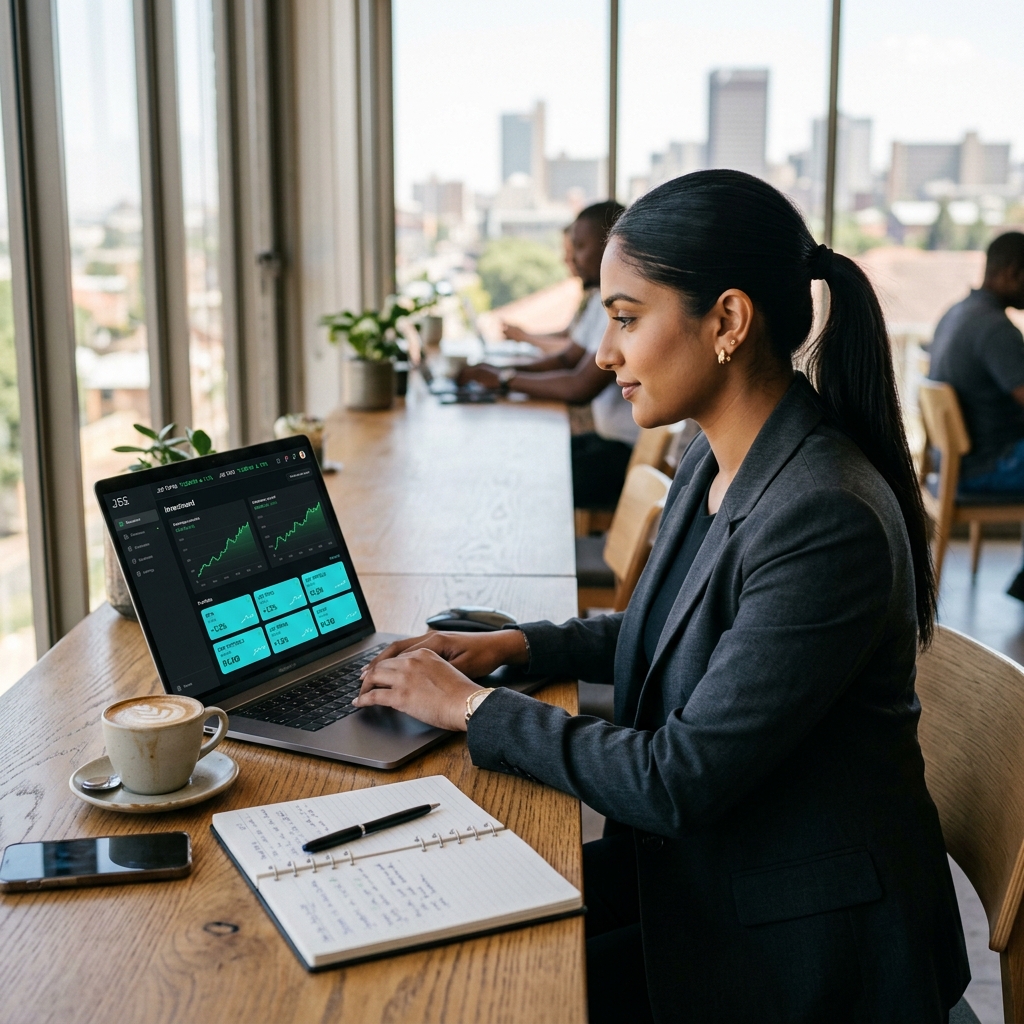 Nikita at her desk with a JSE investment dashboard open on her laptop