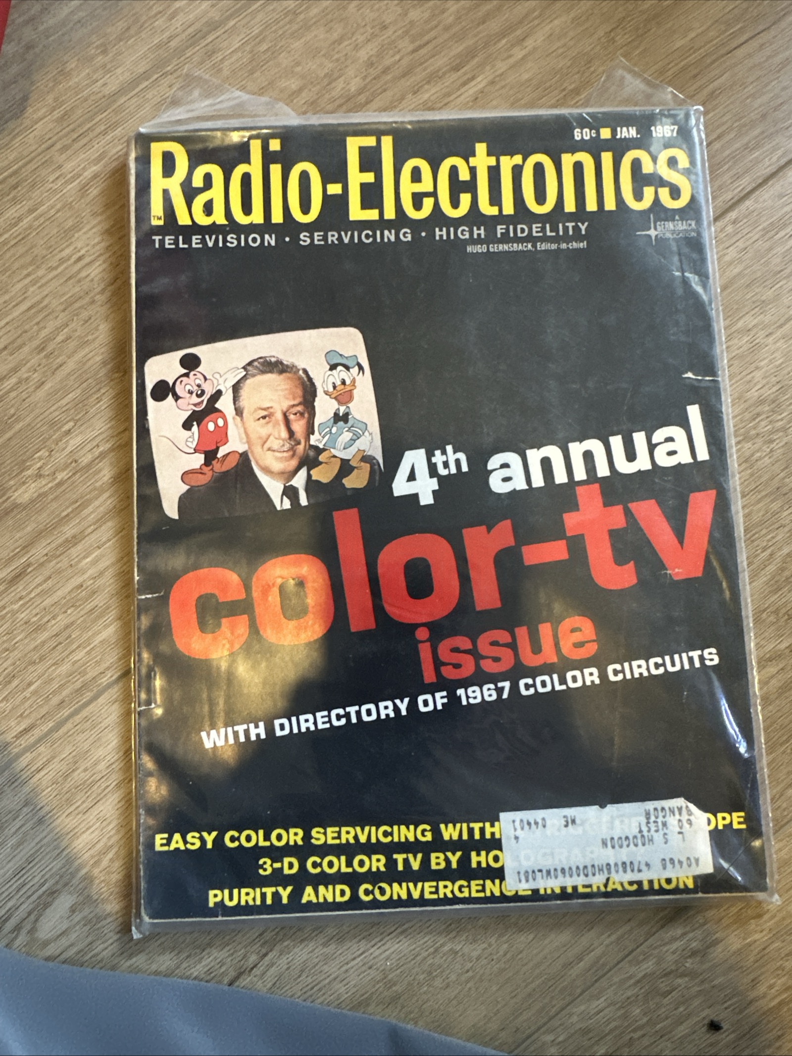 January 1967 Radio-Electronics magazine with black cover featuring Walt Disney photo alongside Mickey Mouse and Donald Duck illustrations, red and yellow typography, mailing label present