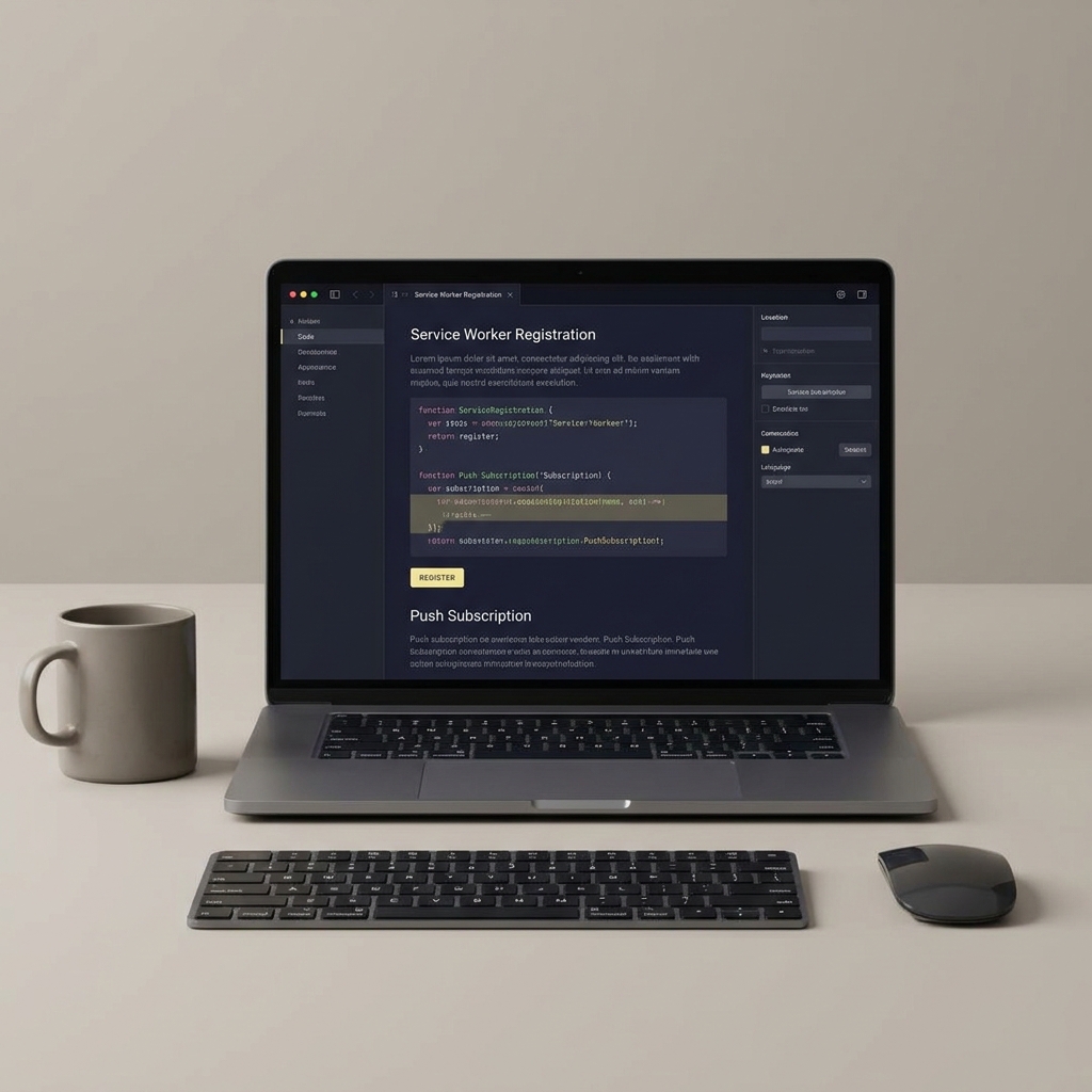 What Is a Push developer workspace showing a laptop with code editor displaying service worker registration and push subscription snippets in a Funded Plays minimalist dark palette