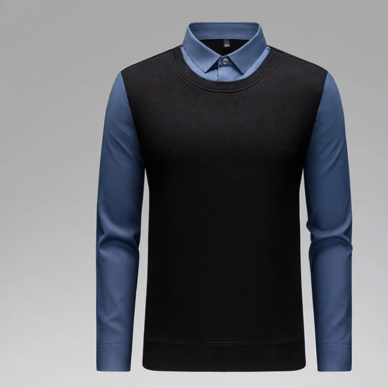 Men's knitted sweater in fake-layer look, warm lining