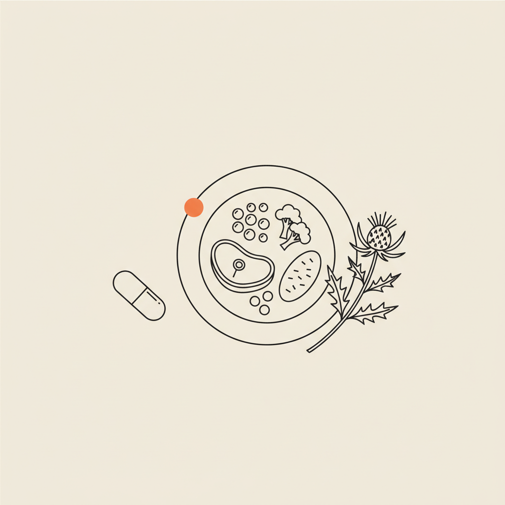 Minimal Tonum-style vector line illustration of a capsule, balanced plate and milk thistle sprig on beige background representing OTC appetite suppressants