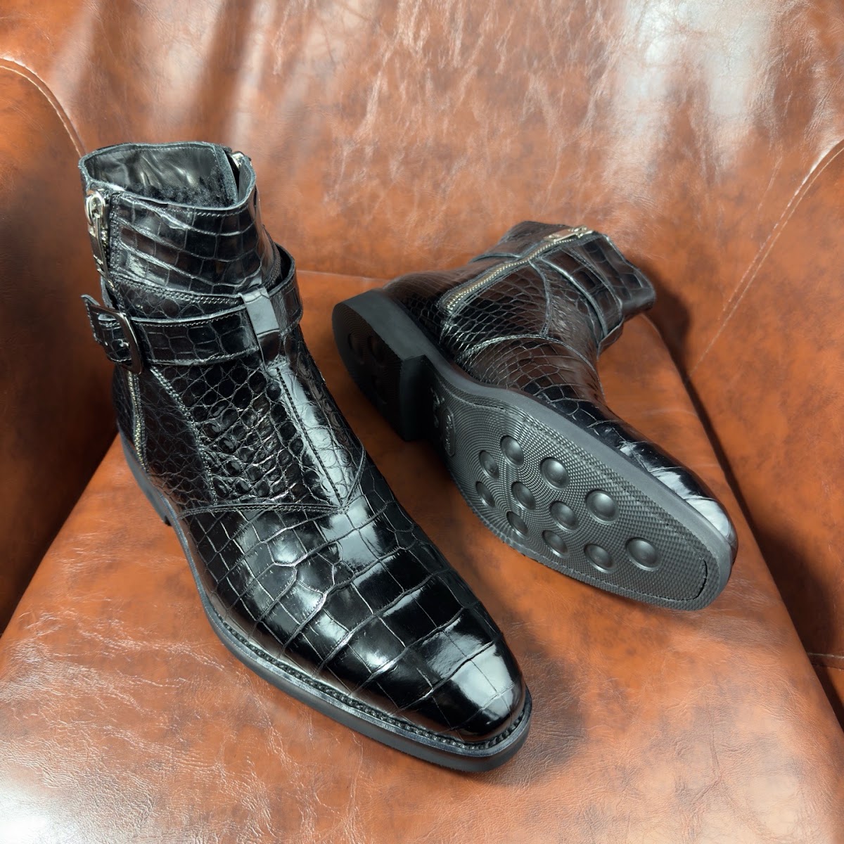black genuine alligator leather jodhpur boots for men with dual zippers and wraparound buckle - detail 4