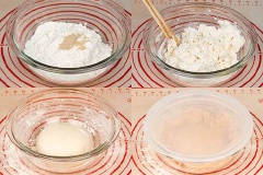 Cho bột mì và men nở vào bát trộn đều, từ từ đổ nước vào bát trộn đều sau đó nhào bột cho đến khi bề mặt bột trở nên mềm mịn. Làm ẩm chiếc khăn sạch phủ lên bột và ủ cho bột tăng kích thước gấp đôi.