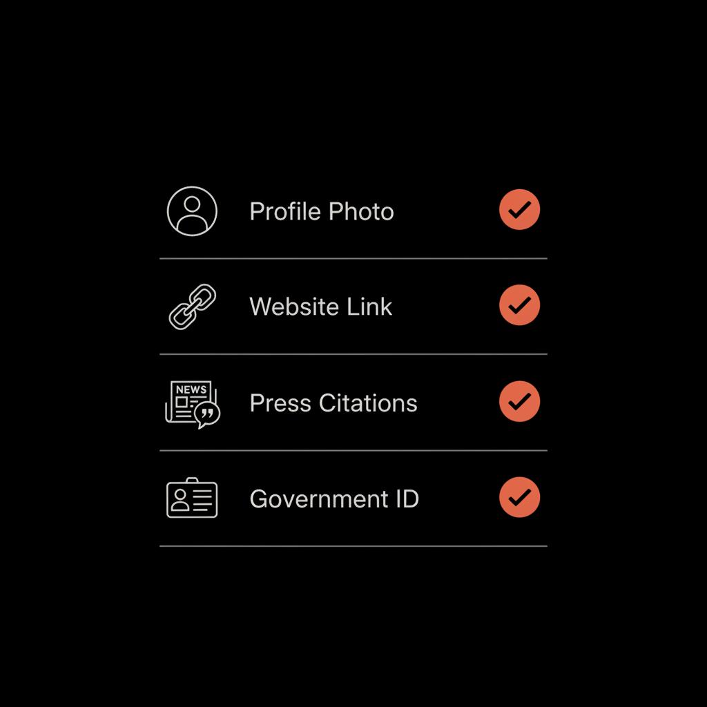 Minimal checklist infographic for Facebook blue tick verification showing icons for profile photo, website link, press citations and ID on a black background