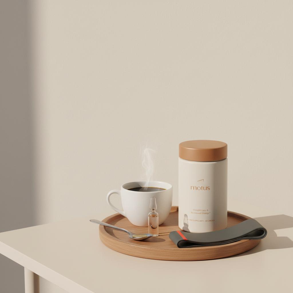 Tonum Motus container beside steaming black coffee, a tiny vial of MCT oil on a teaspoon and a folded fitness band on a wooden tray — coffee loophole for weight loss
