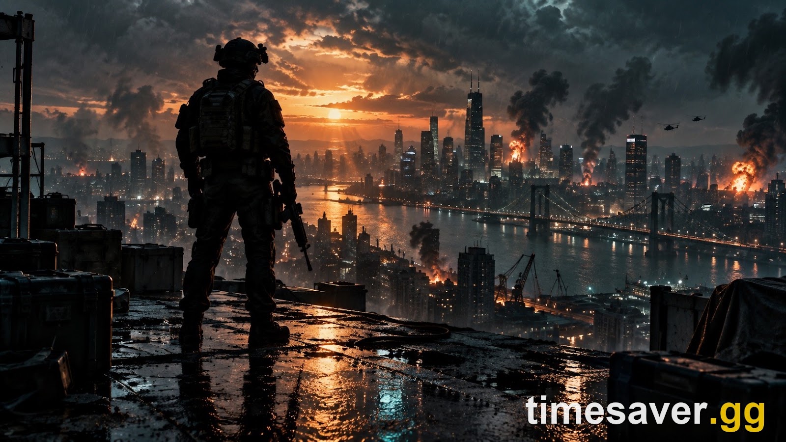 Modern Warfare 4-style urban firefight at dusk — the high-leverage day-one grind window at launch