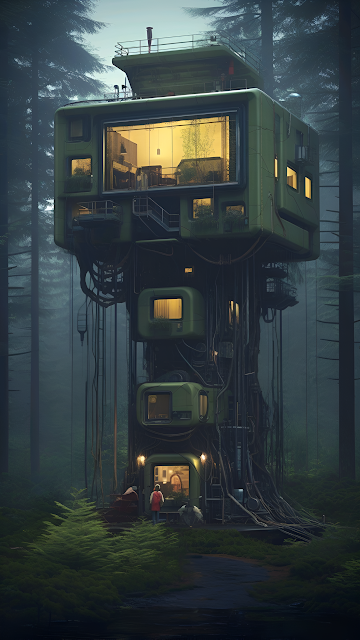 Solarpunk Modular Habitat in Misty Evergreen Forest