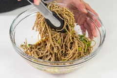 Luộc mì: đun sôi nồi nước, cho mì soba vào luộc đến khi chín mềm nhưng không bị bở thì vớt ra, xả qua nước lạnh rồi để ráo nước. Hành lá, ngò rí rửa sạch, xắt nhỏ. Cho mì soba vào tô, rưới nước sốt đã chuẩn bị lên, thêm hành ngò, mè rang và trộn thật đều là hoàn thành.