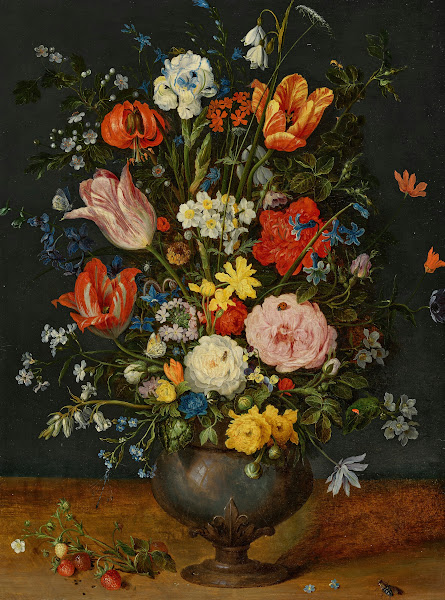 Roses parrot tulips narcissi a lily a delphinium borage moss roses forget me not
