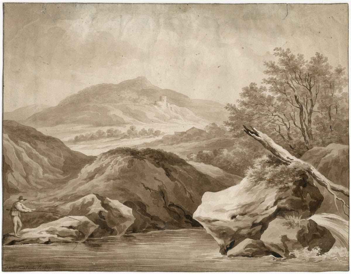 Mountainous landscape with a fisherman