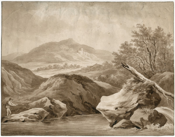 Mountainous landscape with a fisherman