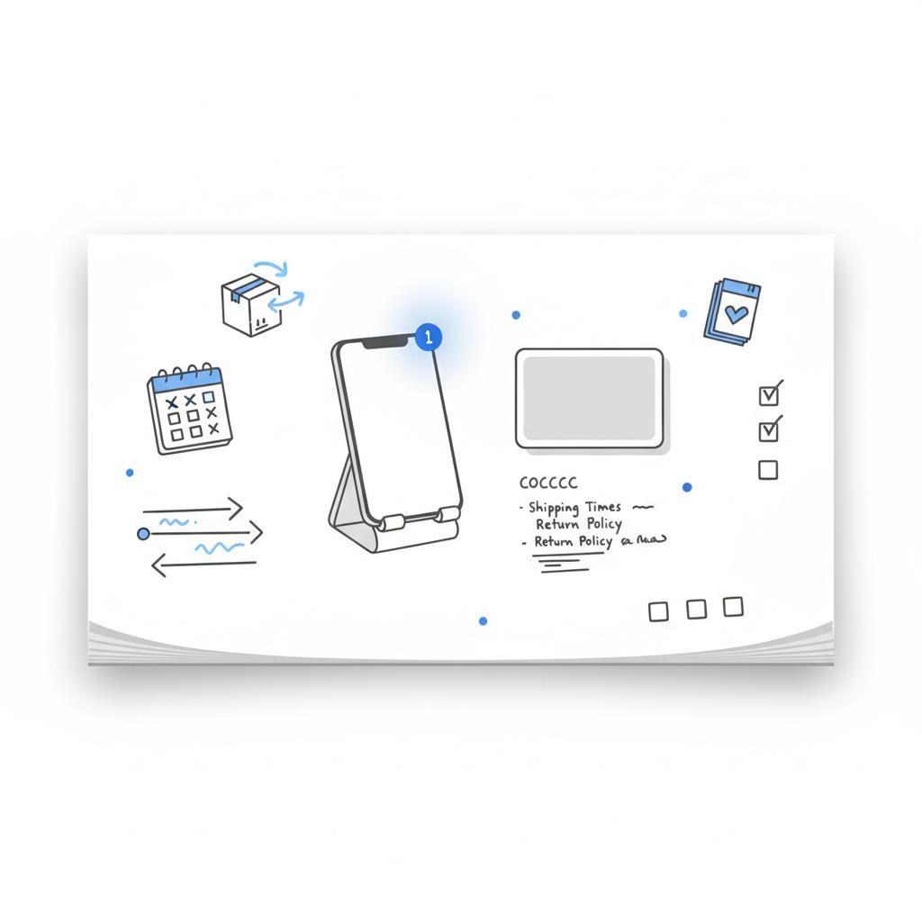 Minimal 2D vector flat-lay of a tidy desk and notebook sketches showing phone on stand, printed product photo and non-readable shipping notes, emphasizing trust and visibility