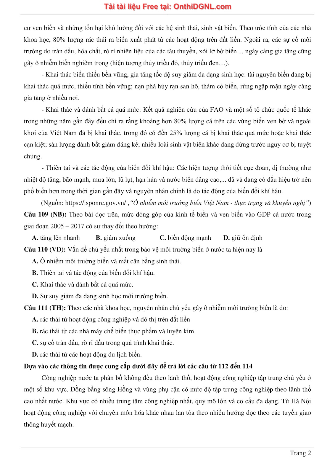 250 bài tập môn Địa Lý - Ôn thi ĐGNL ĐHQG TP HCM Phần 3