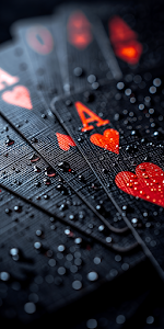 Dramatic Black Aces of Hearts Wet Poker Cards Close-up