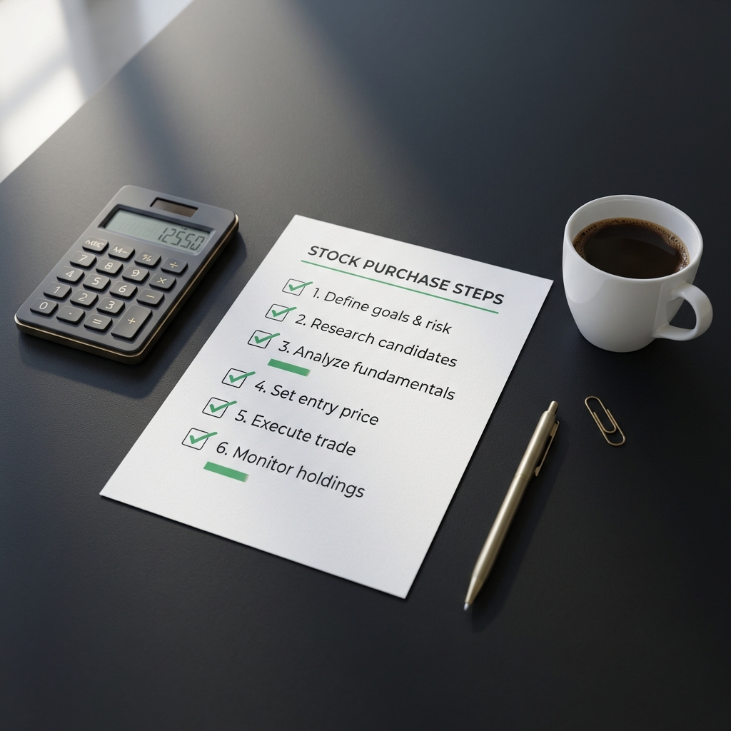 Close up of an investment checklist with calculator and coffee cup illustrating how to start buying stocks in a minimalist Finance Police style on a dark desk