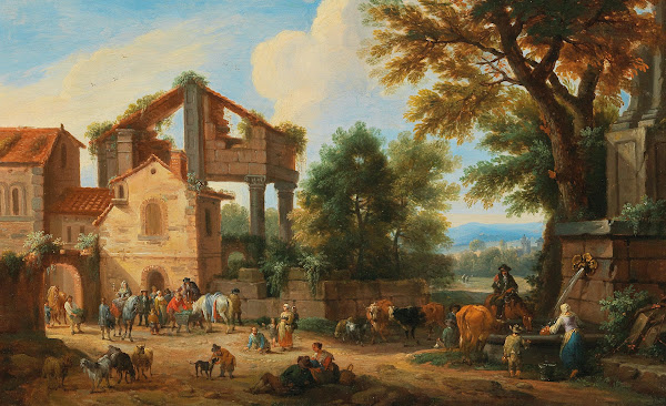 Travellers outside the gate of a town near a fountain