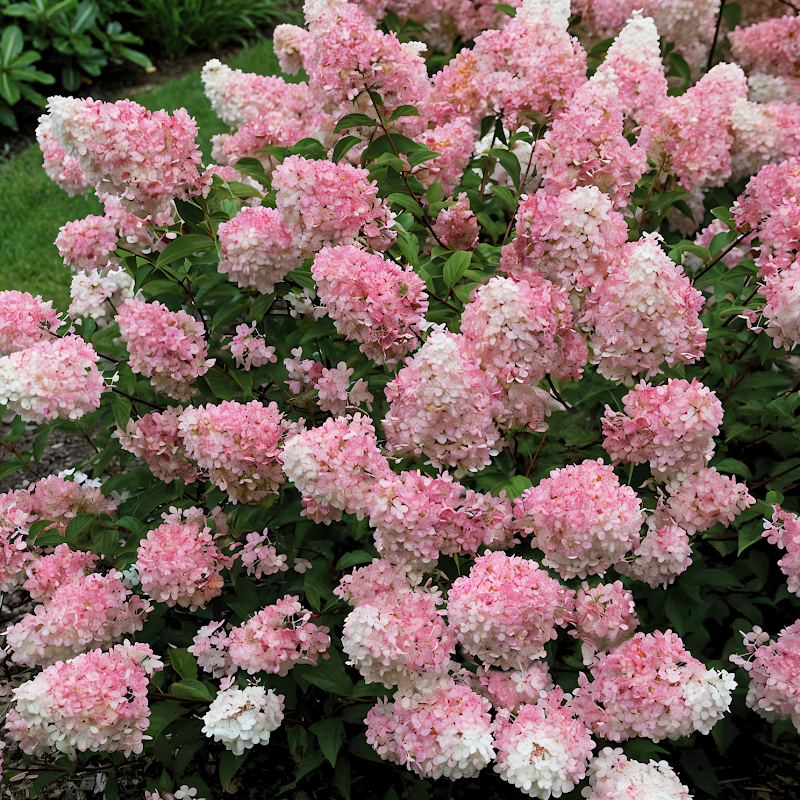 Hydrangea paniculata 'Vanille Fraise' in piena fioritura, arbusto elegante per il giardino