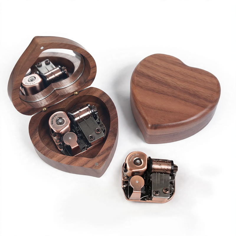 Wooden music box in heart shape with mirror