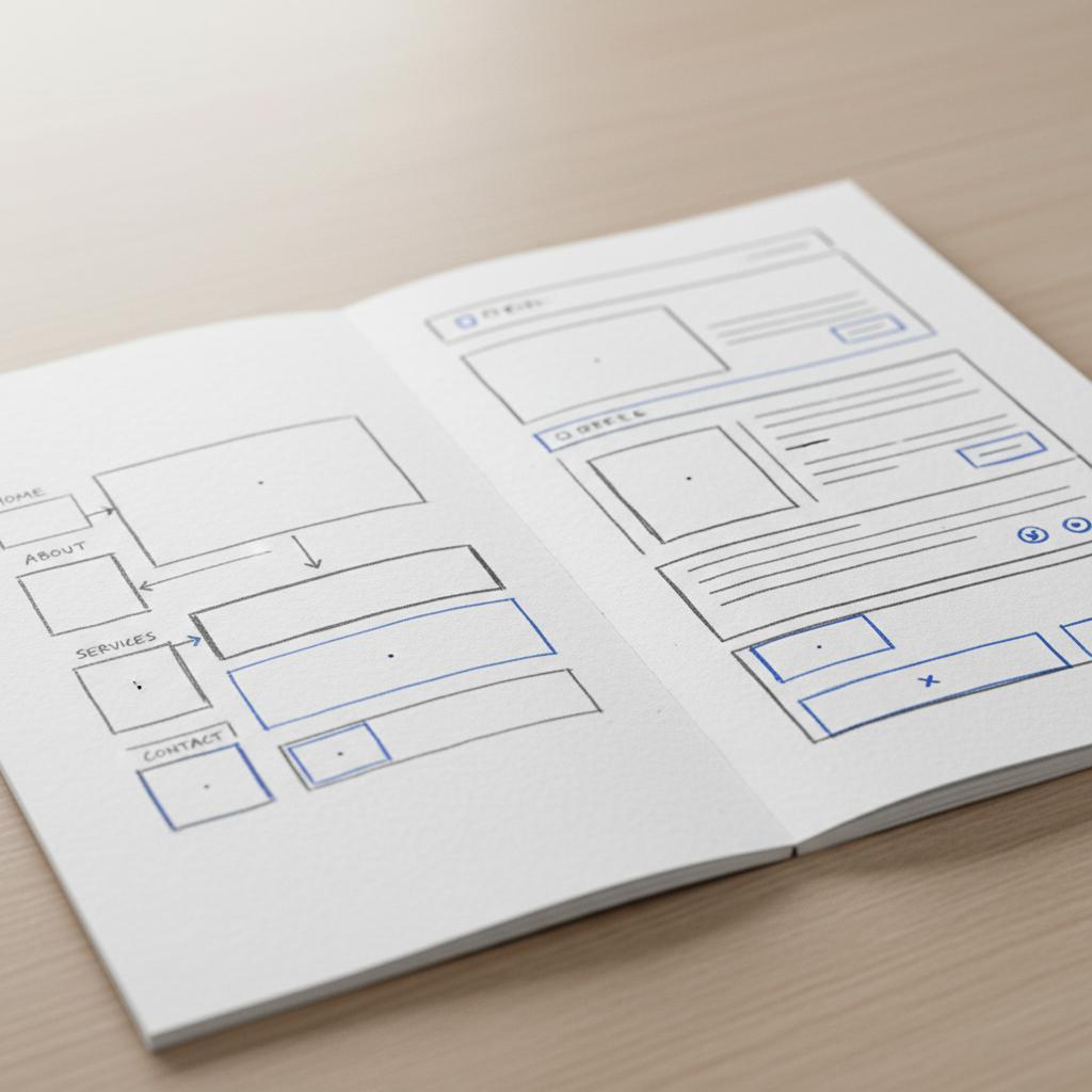 Close-up of a desk with printed sitemap and one-page wireframe sketches on white paper with #1a5bfb ink highlights &mdash; Can I build my own website for free?