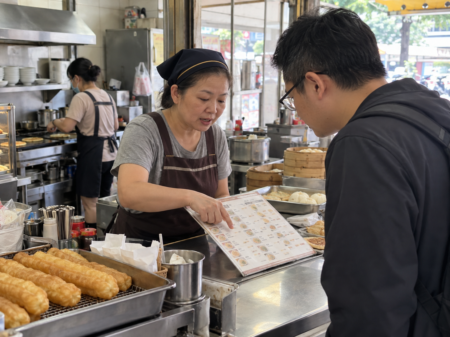 早餐店員工拿菜單向顧客說明餐點選擇與價格調整