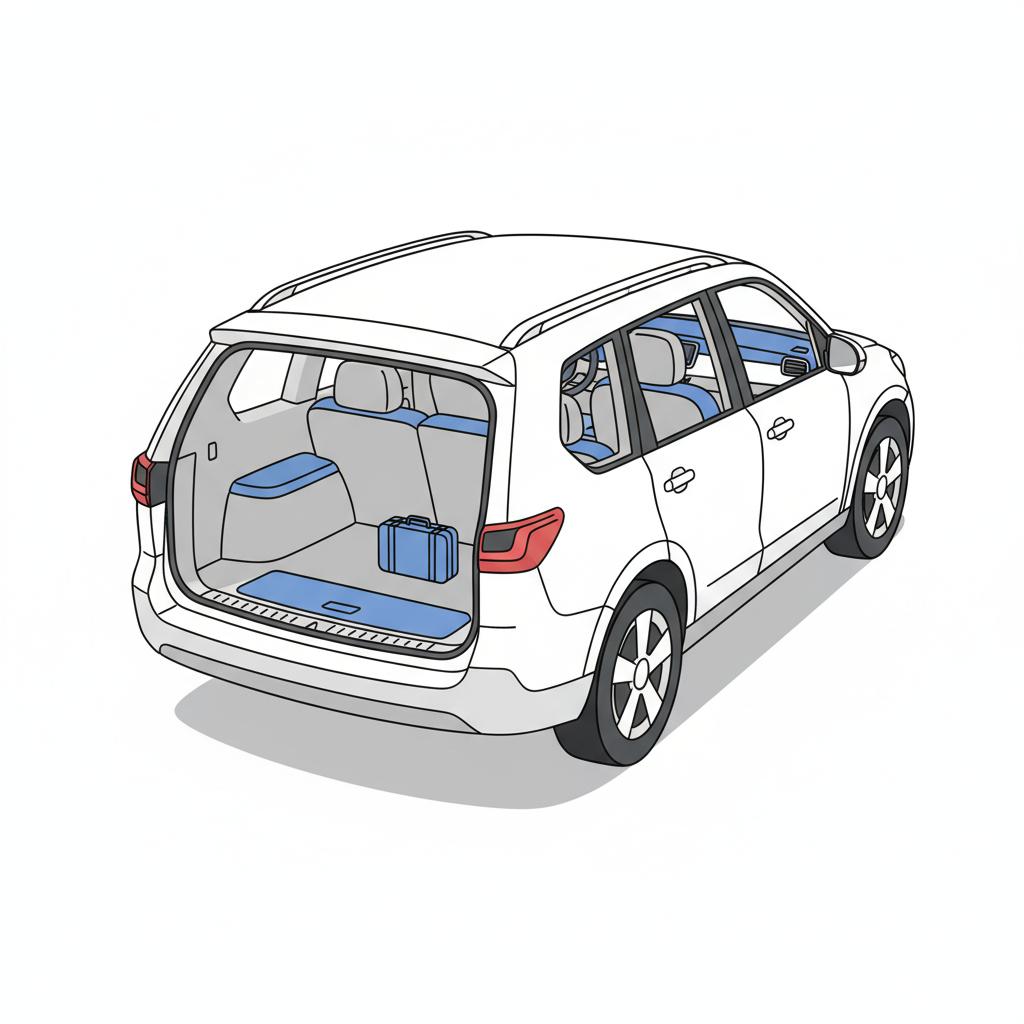 Minimalist 2D vector interior of a mid size SUV with rear seats folded showing spacious cargo and passenger area gmc car dealership near me