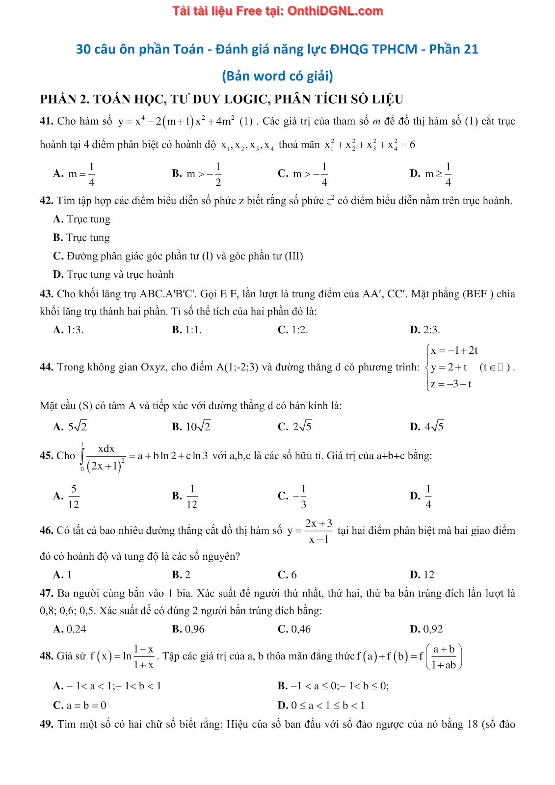 900 bài tập môn Toán - Ôn thi ĐGNL ĐHQG TP HCM Phần 21