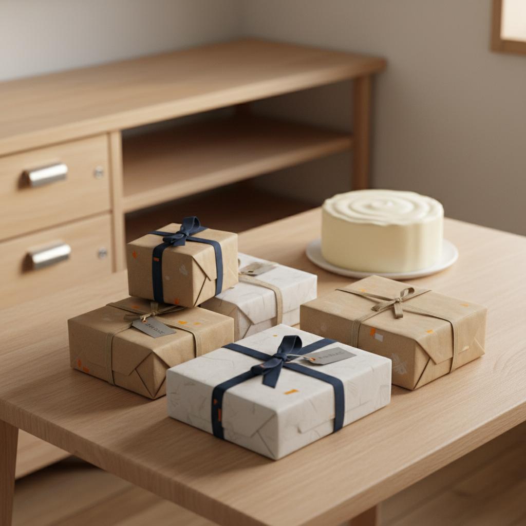 Intime Szene an einem Holztisch mit sorgfältig verpackten Geschenken und einfacher Vanilletorte, warme Lichtstimmung und dezente industrielle Akzente — Geschenkideen für Kinder