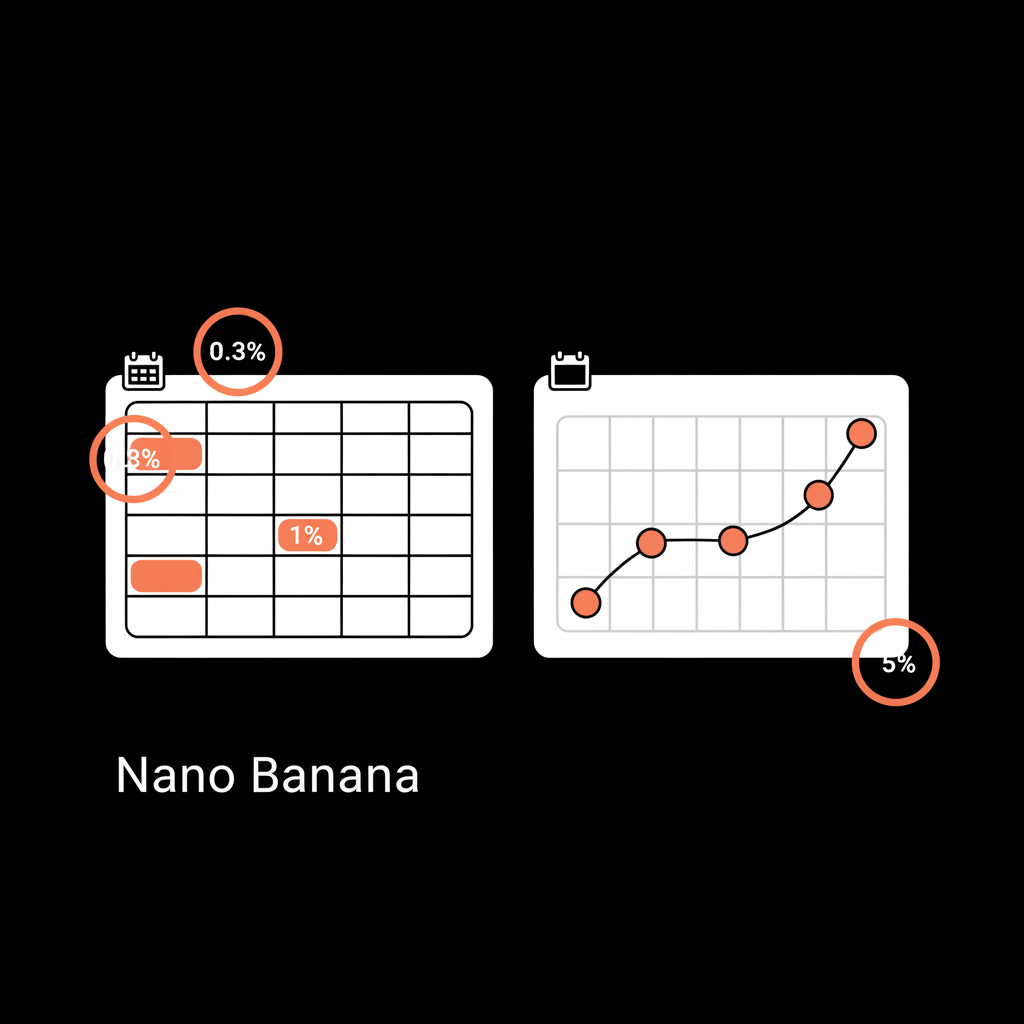 Minimal vector infographic of a spreadsheet-style layout, line chart and three circular percentage callouts (0.3%, 1%, 5%) illustrating Twitter Blue earnings