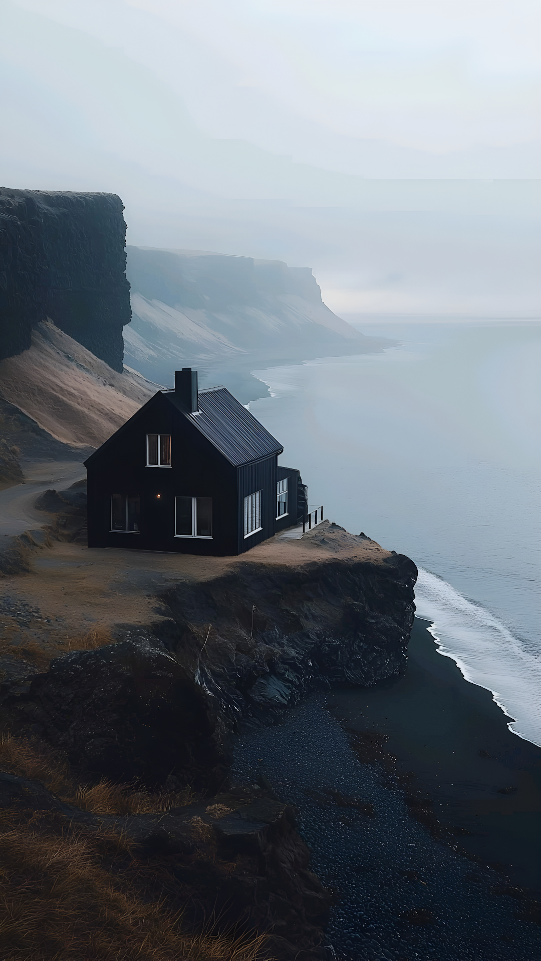 Isolated Black Cabin Overlooking Foggy Sea Cliffside - Free 4K mobile Wallpaper