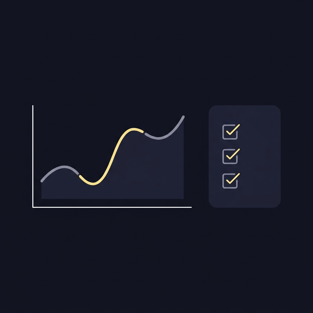 Minimalist 2D vector showing a momentum swing chart and a checklist notepad representing What Is Live Sports Trading in Funded Plays brand colors