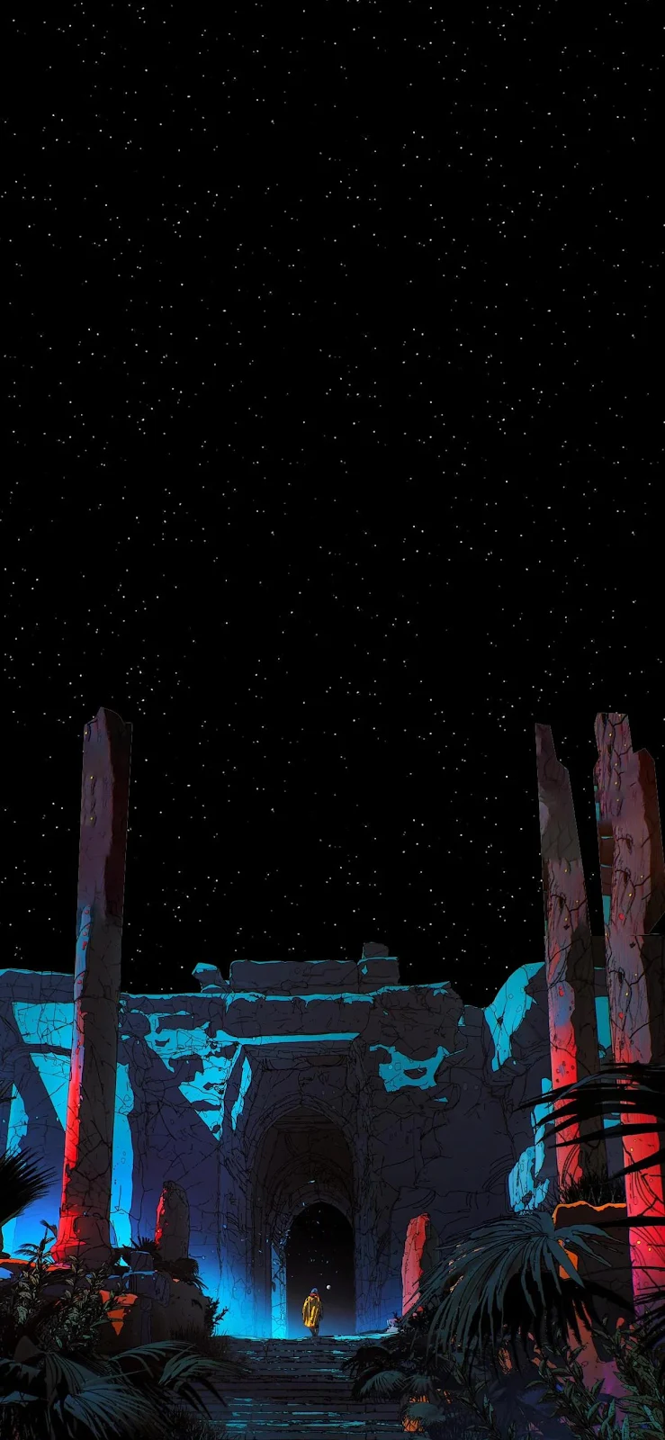 Neon Lit Temple Under Stars - Digital Concept Art Full HD iPhone Wallpaper (1220x2643)