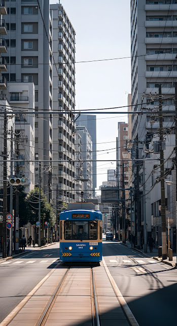 Blue Tokyo Sakura Tram Moving Through City Residential Street with Overhead Wires - Free mobile Wallpaper
