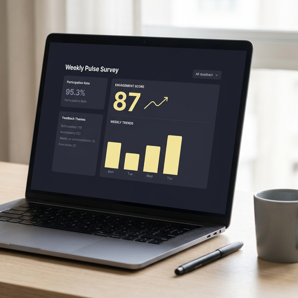 Close up of a laptop showing a weekly pulse survey dashboard with engagement scores and simple charts pen and coffee cup on desk illustrating How Manager Changes Affect Team Performance