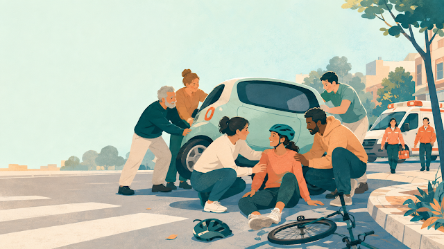 Editorial illustration for Good Samaritans lift a car to free an injured e-bike rider