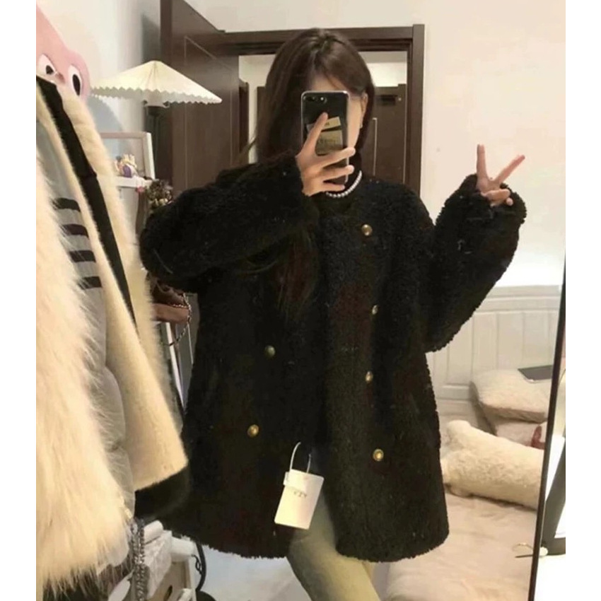 Padded lamb fleece jacket for women, double-breasted