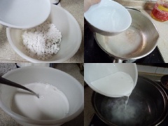 Ở một nồi khác, trộn 2/3 chén bột sắn dây cùng 1 chén nước nguội. Đến khi xong rồi thì đổ chung vô thau nước khuấy trên bếp đến khi nước đường trong luôn.