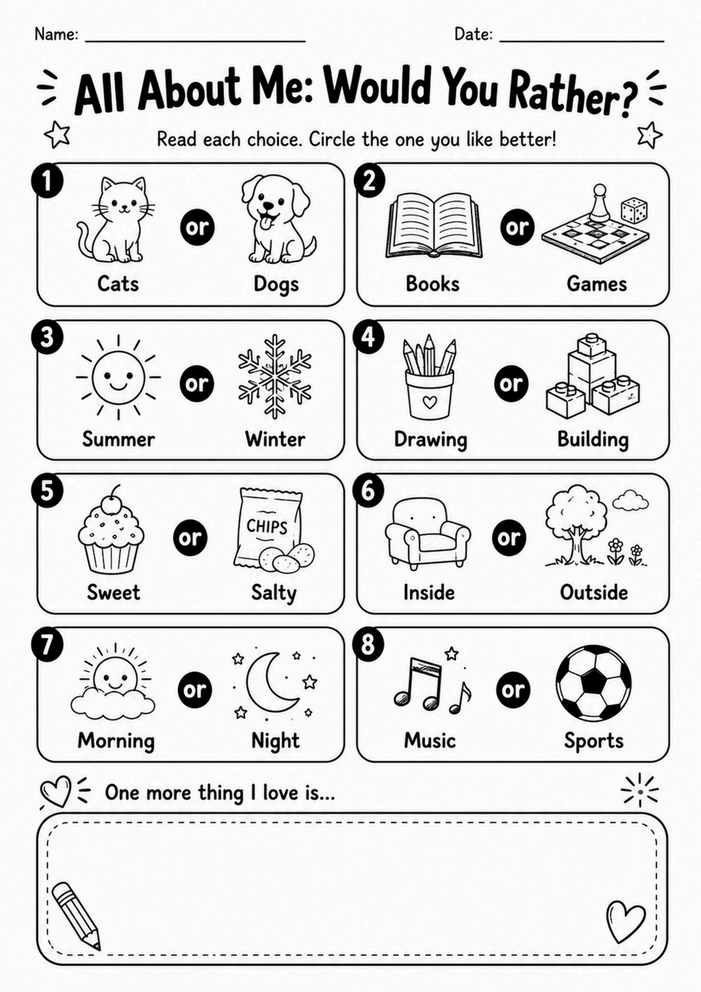 All About Me Would You Rather Worksheet