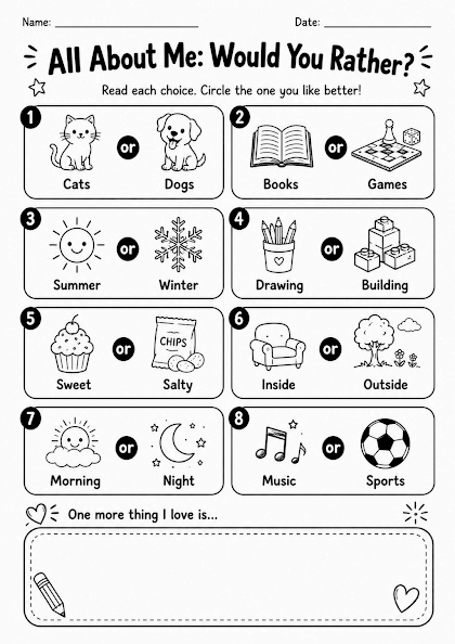 All About Me Would You Rather Worksheet