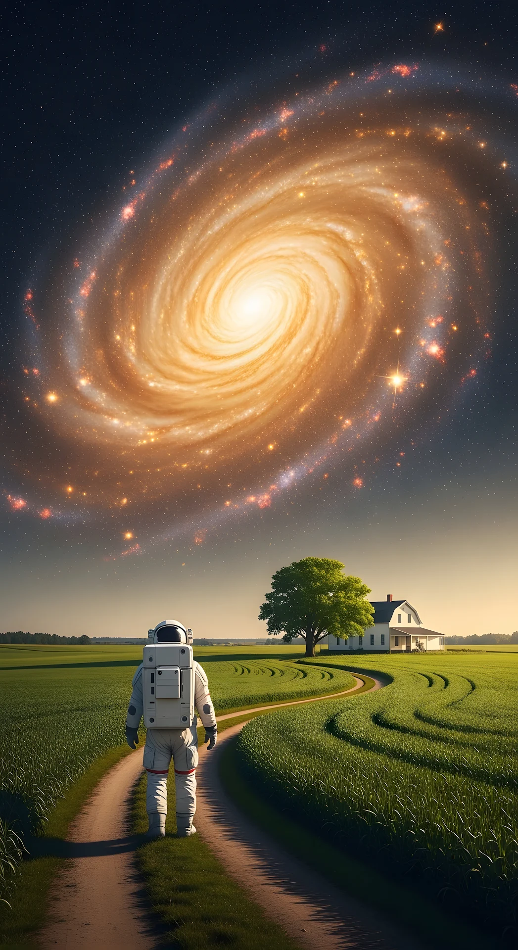 Astronaut on Earth Farm Field Gazing at Golden Spiral Galaxy - Free 4K mobile Wallpaper