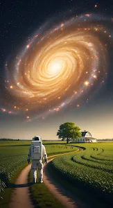 Astronaut on Earth Farm Field Gazing at Golden Spiral Galaxy
