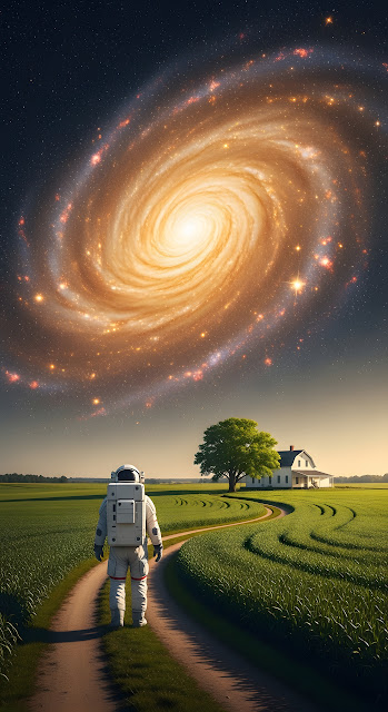Astronaut on Earth Farm Field Gazing at Golden Spiral Galaxy - Free mobile Wallpaper